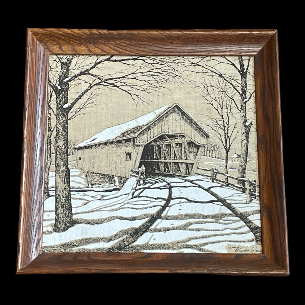 Vintage Pure Linen Hand Print Framed Signed Warren Boucher Covered 16”Key Dee